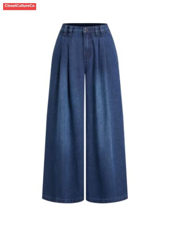 Denim - Mid Rise Wide Leg Jeans Pleated Front Denim Pants Pull On Elastic Waist